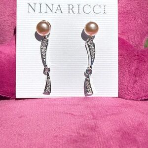 NWT Nina Ricci Pearl Swarovski Crystal Silver  Drop Earrings